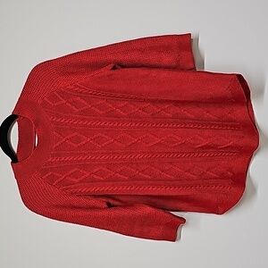 John Paul Richard red cable knit sweater, crew neck, 3/4 sleeve, round hem, Med